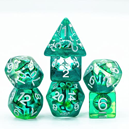 World of Dice - Demon Eyes Emerald Green - 7tlg. polyedrisches Würfelset für Pen & Paper, Rollenspiel-Würfel, D20 bis D4, Würfel Set für DND, DSA, UVM. (Würfelset) von World of Dice