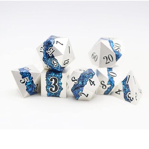 World of Dice - Lavastream-Serie - 7-teiliges Premium-Würfelset mit Glitzerndem Lavastrom-Design, ideal für DND, DSA, Pathfinder, Cthulhu, Shadowrun und viele weitere (White & Blue) von World of Dice