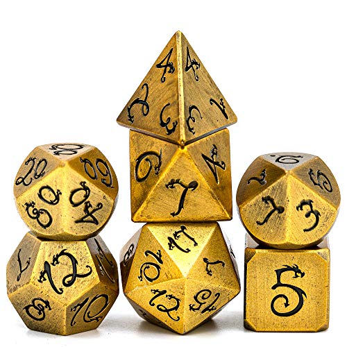 World of Dice Metallwürfel-Set Drachenwürfel - Golden Dream - Pen & Paper Würfel-Set aus Metall, 7-teiliges polyedrisches Set, für Dungeons and Dragons, DSA, Cthulhu, UVM. von World of Dice