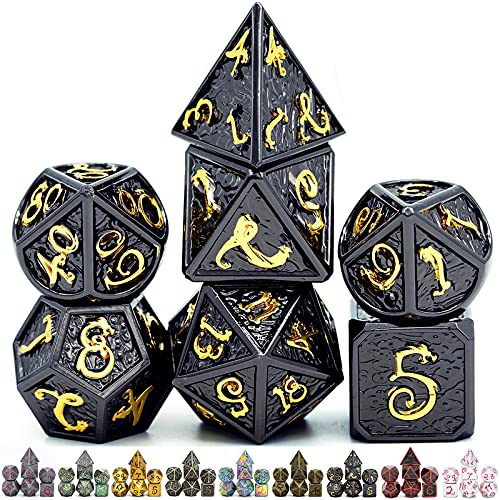 World of Dice Metallwürfel-Set Drachenwürfel - Schwarz Gold - Pen & Paper Würfel-Set aus Metall, 7-teiliges polyedrisches Set, für Dungeons and Dragons, DSA, Cthulhu, UVM. von World of Dice