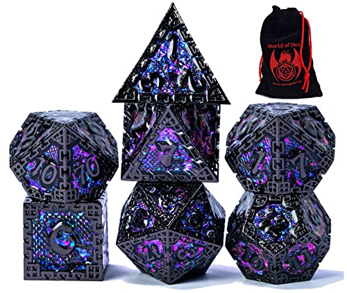 World of Dice - Metallwürfel-Set - Dragon Siege, polyedrische DND-Würfel, mit Würfelbeutel, D20 bis D6, für Dungeons and Dragons, DSA, UVM. (Black Magic) von World of Dice