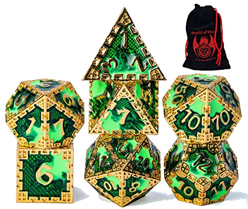 World of Dice - Metallwürfel-Set - Dragon Siege, polyedrische DND-Würfel, mit Würfelbeutel, D20 bis D6, für Dungeons and Dragons, DSA, UVM. (Gold Green) von World of Dice