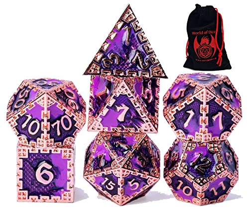 World of Dice - Metallwürfel-Set - Dragon Siege, polyedrische DND-Würfel, mit Würfelbeutel, D20 bis D6, für Dungeons and Dragons, DSA, UVM. (Rosegold Purple) von World of Dice