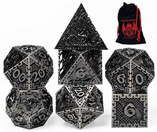 World of Dice - Metallwürfel-Set - Dragon Siege, polyedrische DND-Würfel, mit Würfelbeutel, D20 bis D6, für Dungeons and Dragons, DSA, UVM. (Silver) von World of Dice