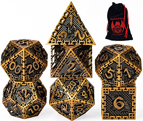 World of Dice - Metallwürfel-Set - Dragon Siege, polyedrische DND-Würfel, mit Würfelbeutel, D20 bis D6, für Dungeons and Dragons, DSA, UVM. (Brass) von World of Dice