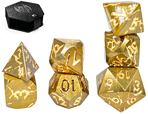 World of Dice Meteor-Serie - Pen and Paper Würfelset Metall, 7-teiliges Set, D4 bis D20, polyedrische Würfel, ideal für D&D, DSA, Cthulhu und mehr (mit Etui, Darkgold) von World of Dice