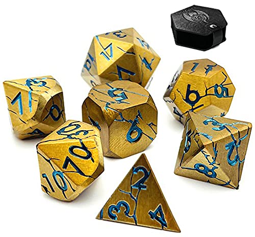 World of Dice Meteor-Serie - Pen and Paper Würfelset Metall, 7-teiliges Set, D4 bis D20, polyedrische Würfel, ideal für D&D, DSA, Cthulhu und mehr (mit Etui, Gold) von World of Dice