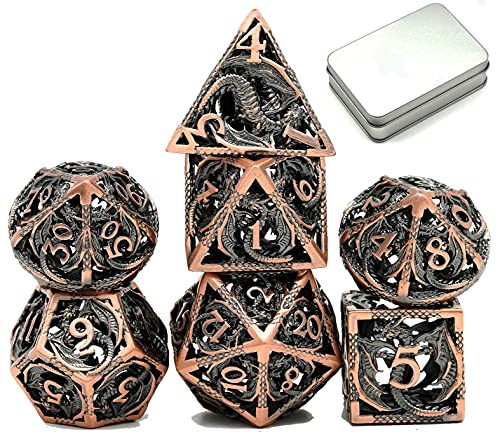 World of Dice Nidhöggr - Edel Würfel für alle Pen & Paper RPG, Metallwürfel mit Drachen, 7-teiliges Würfelset, inkl. Etui (mit Aluminium-Etui, Bronze) von World of Dice