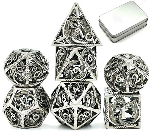 World of Dice Nidhöggr - Edel Würfel für alle Pen & Paper RPG, Metallwürfel mit Drachen, 7-teiliges Würfelset, inkl. Etui (mit Aluminium-Etui, Silver) von World of Dice