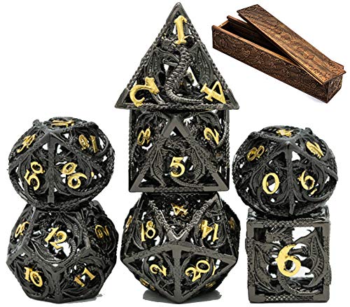 World of Dice Nidhöggr - Edel Würfel für alle Pen & Paper RPG, Metallwürfel mit Drachen, 7-teiliges Würfelset, inkl. Etui (mit Luxus-Etui aus Walnussholz) von World of Dice