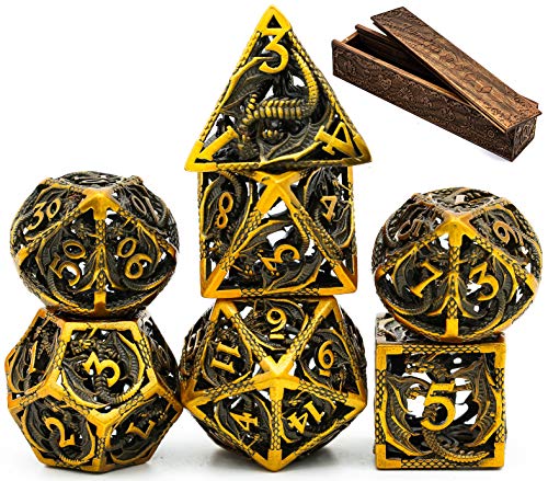 World of Dice Nidhöggr - Edel Würfel für alle Pen & Paper RPG, Metallwürfel mit Drachen, 7-teiliges Würfelset, inkl. Etui (mit Luxus-Etui aus Walnussholz) von World of Dice