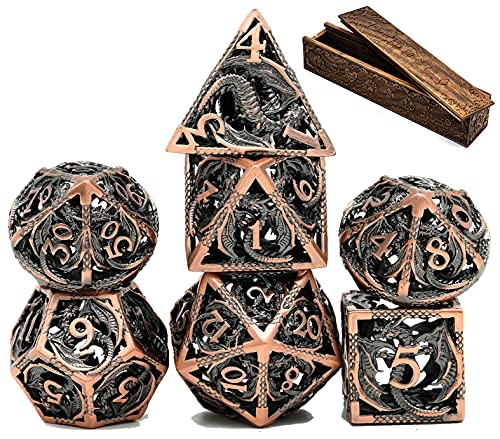 World of Dice Nidhöggr - Edel Würfel für alle Pen & Paper RPG, Metallwürfel mit Drachen, 7-teiliges Würfelset, inkl. Etui (mit Luxus-Etui aus Walnussholz, Bronze) von World of Dice