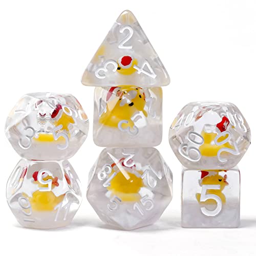 World of Dice Pen and Paper Würfel Set - Duck Edition - 7 polyedrische Pen Würfel aus Kunststoff, W20, W12, W10, W10.0, W8, W6, W4 (Xmas mit Nikolausmütze, gelb) von World of Dice