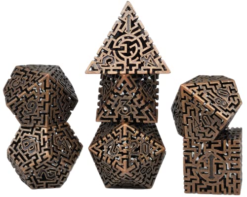 World of Dice - Premium-Würfelset - edle Pen and Paper Würfel, Metallwürfel mit Labyrinth, 7-teilige Set für Dungeons and Dragons (D&D), DSA, und vieles mehr (Copper Antique) von World of Dice