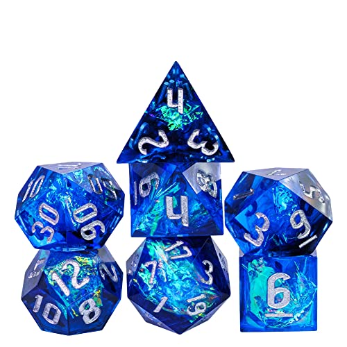 World of Dice - Spacebreaker Navy Blue - handgefertigtes Pen and Paper Würfel Set, 7-teilig, mit Spitzen Kanten und Ecken, für Dungeons and Dragons (DND), Das Schwarze Auge (DSA), Cthulhu, UVM. von World of Dice