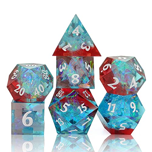 World of Dice - Spacebreaker Serie - handgefertigtes Pen and Paper Würfel Set, 7-teilig, mit Spitzen Kanten und Ecken, für Dungeons and Dragons, Shadowrun, Cthulhu, UVM. (Blue & Red) von World of Dice