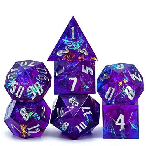 World of Dice - Spacebreaker Serie - handgefertigtes Pen and Paper Würfel Set, 7-teilig, mit Spitzen Kanten und Ecken, für Dungeons and Dragons, Shadowrun, Cthulhu, UVM. (Shiny Purple) von World of Dice