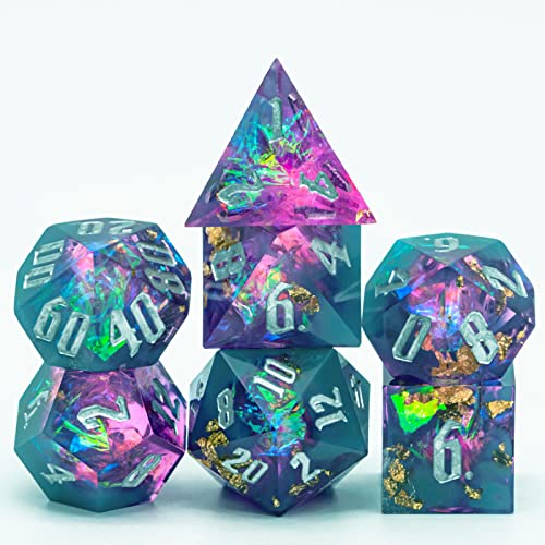 World of Dice - Spacebreaker Serie - handgefertigtes Pen and Paper Würfel Set, 7-teilig, mit Spitzen Kanten und Ecken, für Dungeons and Dragons, Shadowrun, Cthulhu, UVM. (Turquoise Mix) von World of Dice