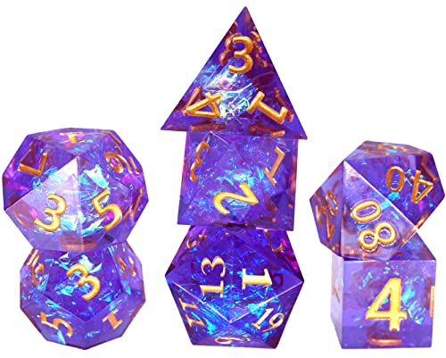 World of Dice - Spacebreaker Purple Blue - handgefertigtes Pen and Paper Würfel Set, 7-teilig, mit Spitzen Kanten und Ecken, für Dungeons and Dragons (DND), Das Schwarze Auge (DSA), Cthulhu, UVM. von World of Dice