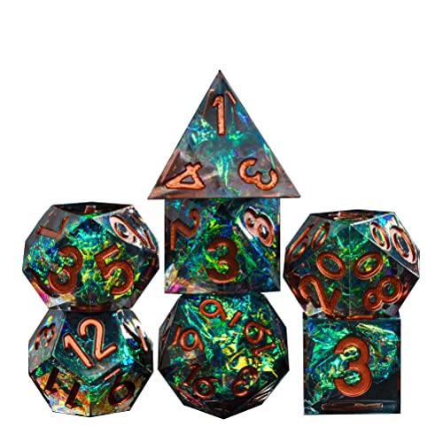 World of Dice - Spacebreaker: Copper Green - handgefertigtes Pen and Paper Würfel Set, 7-teilig, mit Spitzen Kanten und Ecken, für Dungeons and Dragons (DND), Das Schwarze Auge (DSA), Cthulhu, UVM. von World of Dice