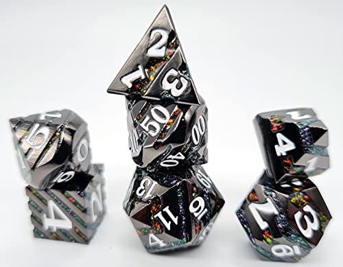 World of Dice Starfall-Serie - Pen and Paper Würfelset Metall, 7-teiliges Set, D4 bis D20, polyedrische Würfel, ideal für D&D, DSA, Cthulhu und mehr (mit Etui, schwarzglänzend) von World of Dice