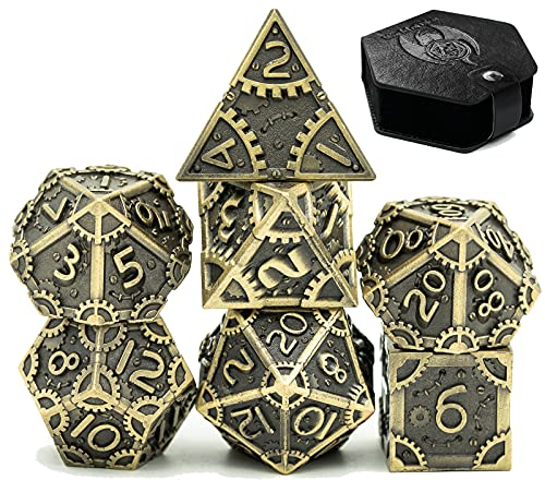 World of Dice Steampunk Polished - 7-teiliges Pen and Paper Würfelset aus Metall, mit Zahnrädern, Metall Würfel (mit Etui) von World of Dice