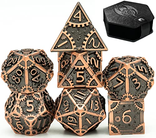 World of Dice Steampunk Polished - 7-teiliges Pen and Paper Würfelset aus Metall, mit Zahnrädern, Metall Würfel (mit Etui, Copper) von World of Dice