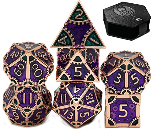 World of Dice Steampunk Polished - 7-teiliges Pen and Paper Würfelset aus Metall, mit Zahnrädern, Metall Würfel (mit Etui, Purple) von World of Dice