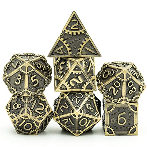 World of Dice Steampunk Polished - 7-teiliges Pen and Paper Würfelset aus Metall, mit Zahnrädern, Metall Würfel (ohne Etui) von World of Dice