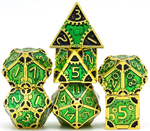 World of Dice Steampunk Polished - 7-teiliges Pen and Paper Würfelset aus Metall, mit Zahnrädern, Metall Würfel (ohne Etui, Green&Black) von World of Dice