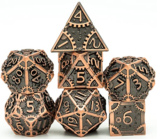 World of Dice Steampunk Polished - 7-teiliges Pen and Paper Würfelset aus Metall, mit Zahnrädern, Metall Würfel (ohne Etui, Copper) von World of Dice