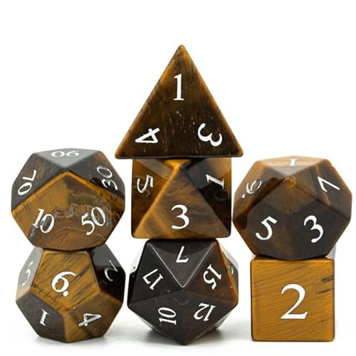 World of Dice - Tigerauge Edition - edles Würfelset aus echtem Schmuckstein, 7-teiliges Würfelset für RPG, Pen and Paper, DND, DSA, D4 bis D20 von World of Dice