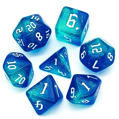 World of Dice Würfel Gotik-Glitter Set - 7tlg. Pen and Paper Würfel Starterset, für DND, Das Schwarze Auge, und weitere Rollenspiele (Blue/Teal) von World of Dice