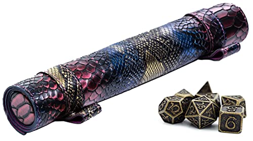 World of Dice Würfelmatte für Pen and Paper - aus Kunstleder, zum Rollen, mit Aufbewahrung für polyedrische Würfel, ideal für DND, DSA, UVM. (Dragon-Edition, mit Drachenwürfel Antik) von World of Dice