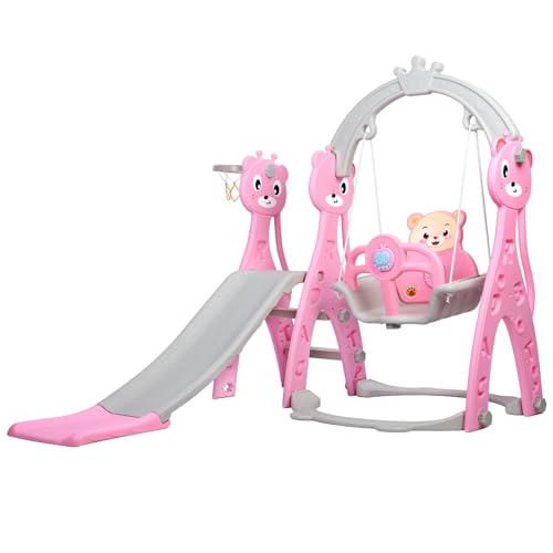 Worparsen Bären Sie den Mini-Spielplatz, Kinder-Slide Swing-Set, freistehende Babyspielplatz mit Rutschleiter, Rutschen, Schwung, Basketball-Hoop-Set Rosa von Worparsen