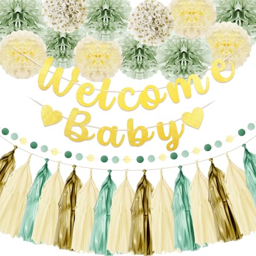 WovWeave Babyparty-Dekorationen Willkommen Baby Banner mit Seidenpapier Pom Poms, Quaste Girlande, Kreis Punkt Girlande für Baby Geschlecht Enthüllung Geburtstag Party Dekorationen (Salbeigrün) von WovWeave