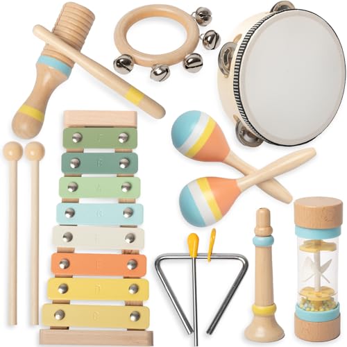 WowJoyLab Musikinstrumente für Kleinkinder – Montessori-Musikspielzeug für Kleinkinder 1–3, modernes Boho-Xylophon, neutrale Farben, Holz-Percussion-Instrumenten-Set von WowJoyLab