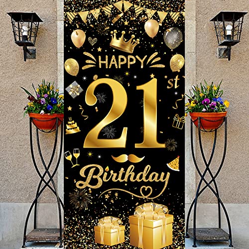 21. Geburtstag Dekoration Banner Hintergrund Deko 21. Geburtstag für Mädchen Jungen Schwarz und Gold 21. Geburtstagsbanner Fotohintergrund Geburtstagsdeko Happy Birthday Deco Party Zubehör 185 x 90cm von Woyamay