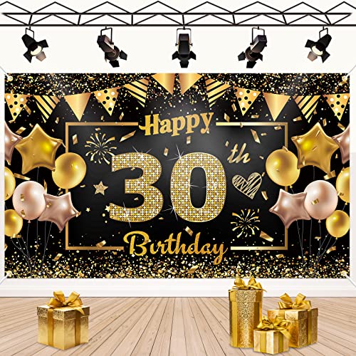 30. Geburtstag Dekoration Party Deco Banner - 30 Geburtstag Frauen Männer 30 Geburtstag Deko Schwarz Gold Extra Große Foto Hintergrund Poster Geburtstagsbanner Party Zubehör zum 30. Geburtstagsdeko von Woyamay