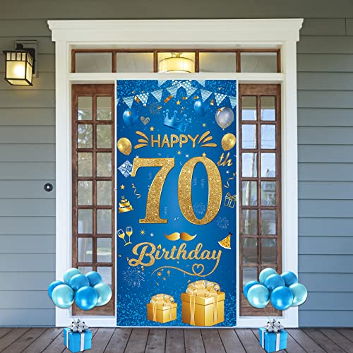 70. Geburtstag Dekoration Banner Hintergrund - 70. Geburtstag Deko für Frauen Männer Blau und Gold 70. Geburtstagsbanner Fotohintergrund Geburtstagsdeko Happy Birthday Deco Party Zubehör,185 x 90cm von Woyamay