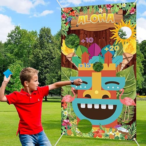 Woyamay Hawaiian Bean Bag Toss Game Banner mit 3 Throwing Bean Bags, Luau Throwing Games für Kinder Erwachsene, Aloha Bean Bag Game für Tiki Bar Zubehör und tropische Party Dekorationen Indoor Outdoor von Woyamay