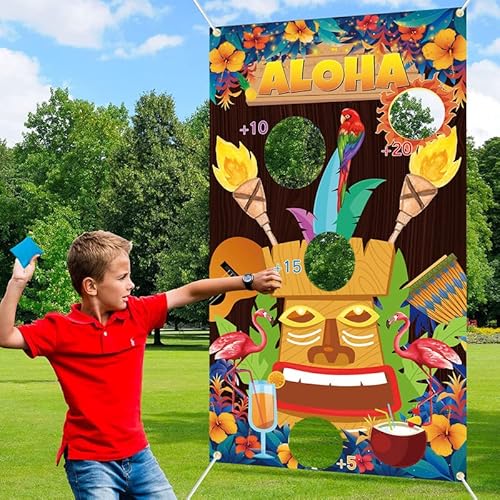 Woyamay Hawaiian Bean Bags Kids Throwing Banner mit 3 Throwing Bean Bags, Tiki Bar Bean Bag Toss Game für Hawaii Party Dekorationen und Tropische Party Dekoration, Aloha Luau Outdoor Party Spiele von Woyamay