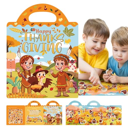 Wpsagek Ruhiges Stickerbuch, Stickerbücher für Kinder,Wiederverwendbare Aufkleber zum Thema Thanksgiving, Spielzeug für Kinder - Cartoon-Aktivitätenbuch, Lernspielzeug für und Mädchen im Alter von 2–5 von Wpsagek