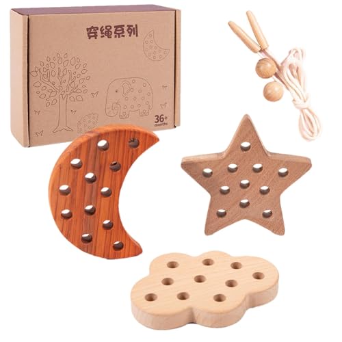 Wpsagek Schnürspielzeug für Kinder, Schnürpuzzlespielzeug, Set mit 3 Fädel-Reisespielzeugen, Reisespielzeug zum Einfädeln aus Holz, pädagogisches Spitzenblockpuzzle mit Seil für Feinmotorik von Wpsagek