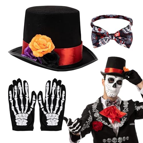 Wpsagek Tag der Toten Kostüm für Herren, 3-teiliges Halloween-Kostüm-Zubehör-Set, inklusive Skelett-Handschuhe, Hut und Fliege, für Halloween, Cosplay von Wpsagek