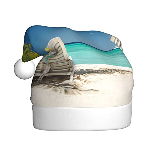 Wquvmds Strandmütze mit Palmenstühlen, Booten, Weihnachtsmannmütze, Urlaub für Erwachsene, Unisex, Weihnachtsmannmütze, Plüschmütze von Wquvmds