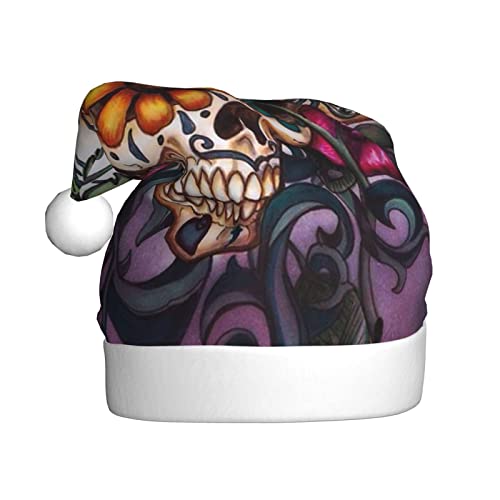 Wquvmds Sugar Horror Skull Flowers Rose Santa Hat, Christmas Hat Holiday For Adults Unisex Father Christmas Hats Plush Xmas Santa Claus Hat von Wquvmds