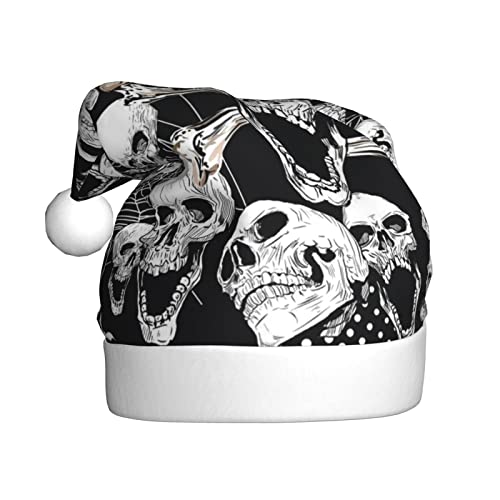 Wquvmds Weihnachtsmütze mit Totenkopf-Hintergrund, Weihnachtsmütze für Erwachsene, Unisex, Weihnachtsmannmütze, Plüschmütze von Wquvmds