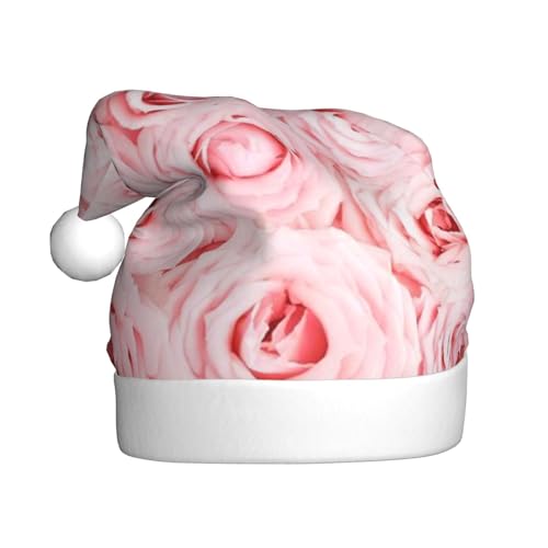 Wquvmds Weihnachtsmütze mit rosa frischen Rosen, Weihnachtsmütze für Erwachsene, Unisex, Weihnachtsmannmütze, Plüschmütze von Wquvmds