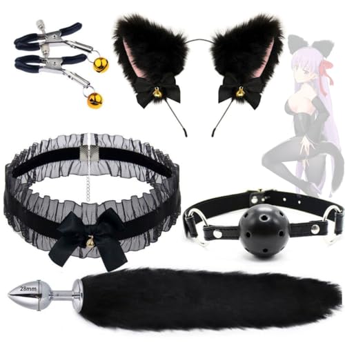 WreGmgg Cosplay Fox Black Lace Kostüm 5-teiliges Set, Cosplay Essentials, komplettes Set beinhaltet, Kopfstück, Schwanz, etc., Auch Größe, Anime Expo Cosplay Party, Original Geschenk -Z von WreGmgg